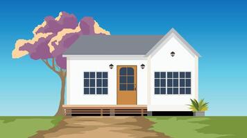 or illustration of a private minimal house. Background of big spring tree backside of house. Front of house with dirt paths and green grass. Under clear blue sky. vector