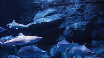 norte un submarino paisaje, pescado nadar entre varios formaciones, creando un sereno atmósfera. el escena refleja el pacífico coexistencia de diverso marina especies en su habitat video