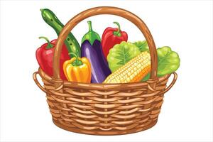 Wicker basket with vegetables isolated on a white background, Flat style cartoon, vector
