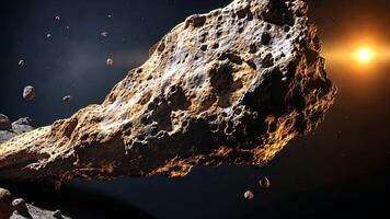 Large asteroid traveling through space with sun glowing video