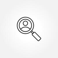 Black line icon of a magnifying glass with a person inside, representing user search or profile investigation. vector