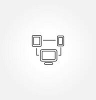 Black line icon depicting a network of connected devices, including a computer monitor and tablet or smartphones. Ideal for representing concepts of device connectivity, outline gadget device. vector