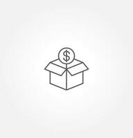 Black line icon of an open box with a dollar symbol on top, representing concepts of financial packages, pricing, value, or economic transactions. vector