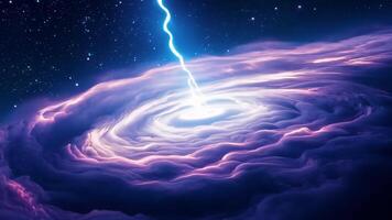 Lightning striking swirling purple nebula clouds in space video