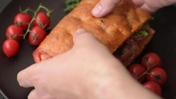 Focaccia with salami, cheese, tomatoes, salt, spices and herbs on a dark concrete background video