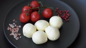 Delicious fresh mozzarella cheese with tomatoes, salt and spices on a dark concrete background video
