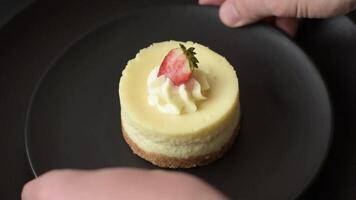 Sweet cheesecake tart with strawberries and mascarpone on a dark concrete background video