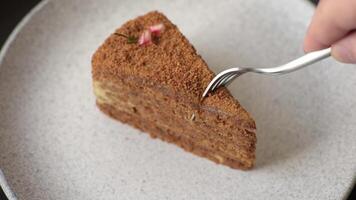 Piece of sweet layered honey cake on dark textured concrete background video