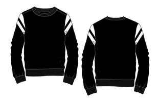 Black color long sleeve sweatshirt front and back with white stripes on sleeve isolated on white background vector