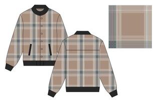 A plaid jacket with a black collar and a brown and white plaid pattern vector