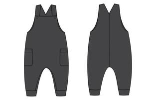 Black color Bodysuit dungaree front and back with side pocket isolated on white background vector