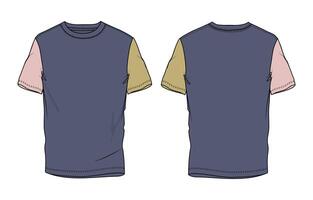 Navy color t shirt front and back with different color sleeve isolated on white background vector