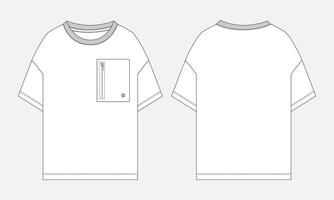 Short sleeve t shirt with pocket front and back views isolated on light grey back vector