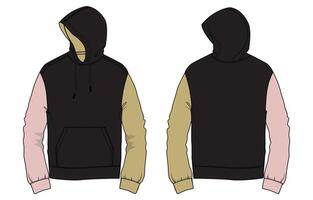 Long sleeve black color hoodie with different color sleeve isolated on white back vector