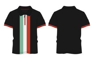 Short sleeve black color polo shirt front and back with colorful stripes on front isolated on white background. front iso vector