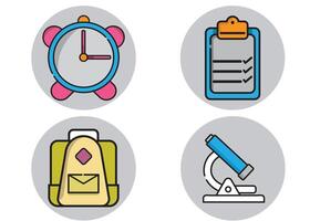 School Supplies Icons Set Clock Checklist Backpack Microscope vector
