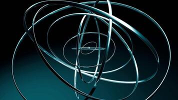 Looped screensaver with realistic steel rings rotate by gravitation on a dark gradient background. Abstract 3D animation for physics, science fiction and modern technology. Seamless VJ loop , 4K 60fps video