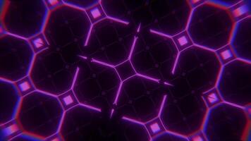Seamless looped screensaver with flying through a digital grid of glowing pink neon patterns. Futuristic abstract background in science fiction style for modern computer technology. VJ loop 4k 60fps video