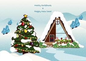 A christmas tree and a house covered in snowfall vector
