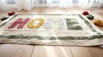 a rug with the word home written on it is on the floor in a hallway video