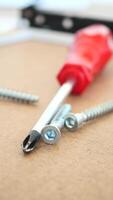 A CloseUp Observation of a Vibrant Red Screwdriver and Various Screws Resting on a Wooden Surface video