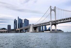A bridge spanning across the water with tall buildings in the background photo