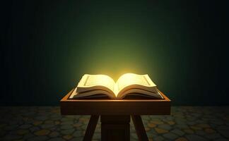 Holy Quran open book with light rays placed on a shelf photo