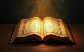 Open Holy Quran Book with light rays falling on it photo