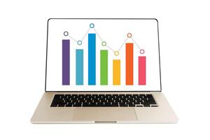 Laptop computer with bar graph on screen isolated on white background with clipping path. photo