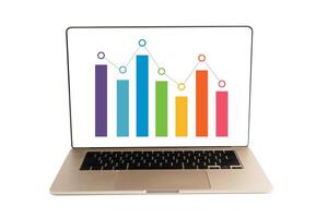 Laptop computer with bar graph on screen isolated on white background with clipping path. photo