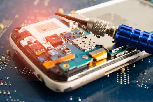 Repairing and upgrade circuit mainboard of notebook, electronic, computer hardware and technology. photo