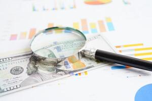 Magnifying glass on charts graphs paper. Financial development, Banking Account, Statistics, Investment Analytic research data economy. photo