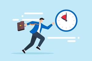 Flat illustration of hurry businessman runs fast as clock shows time running out symbolizing urgency to finish work vector