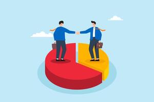 Flat illustration of businessman shakes hands on pie chart representing partnerships and sharing profits in merger vector