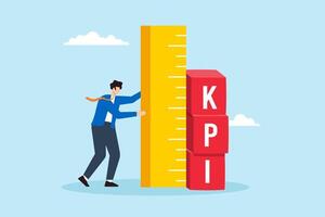Flat illustration of businessman measuring Key Performance Indicator KPI box for evaluating success metrics and improve business vector