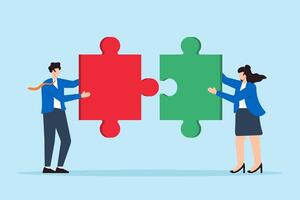 Flat illustration of businessman and businesswoman connect jigsaw puzzle pieces symbolizing teamwork and cooperation to solve challenges vector