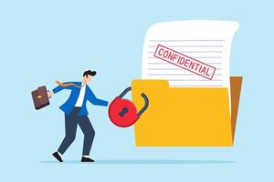 Flat illustration of businessman locks document file folder with padlock representing confidentiality and privacy protection vector