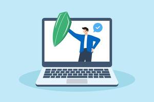 Flat illustration of man holds shield on computer laptop protecting against cyber security attack vector