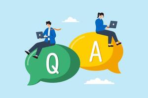 Flat illustration of business people work on dialog with question and answer speech bubbles addressing FAQ vector