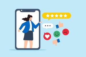 Flat illustration of woman on mobile device gives rating providing feedback on customer experience and satisfaction vector