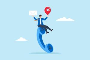 Flat illustration of businessman on telephone holds email and location pin communicating business information to clients vector