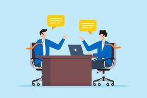 Flat illustration of business people engage in job interview at office desk discussing career development and answering questions vector