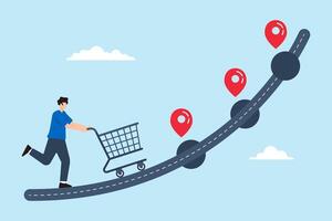 Flat illustration of man push shopping cart follows customer journey map analyzing process to purchase product vector