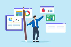 Flat illustration of smart businessman holds pencil while managing multiple project dashboards for development plan strategy vector