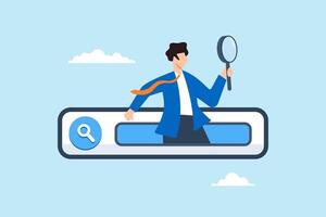 Flat illustration of businessman with magnifying glass discovers new websites from search box illustrating SEO research exploration and investigation vector