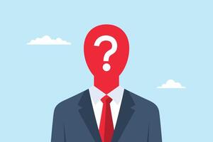 Flat illustration of anonymous businessman with question mark head symbolism of uncertainty about important unknown person vector