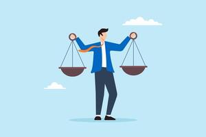Flat illustration of Businessman compares scales to measure integrity and ethical decisions representing pros and cons vector