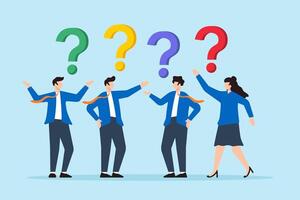 Flat illustration of business people ask with question mark signs seeking help and solutions in discussions vector