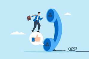 Flat illustration of sales agent entrepreneur talks on telephone call and stand on thumbs up feedback promoting to clients and generating leads or prospect vector