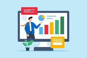 Flat illustration of businessman presents data on computer screen during online presentation webinar discussing financial expertise vector